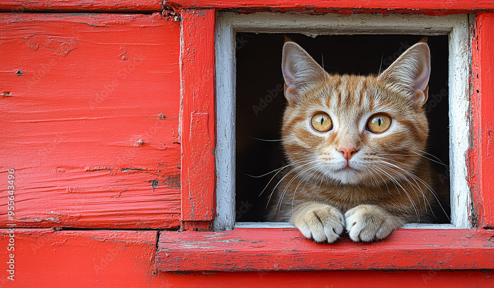 Poster a cat is looking out of a window in a red building. the cat is looking at the camera and he is curio