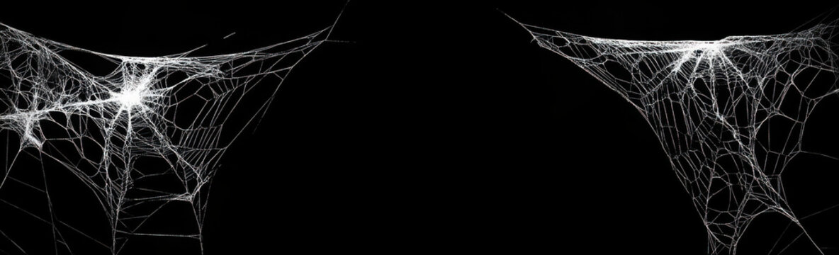 Real creepy spider webs on black banner