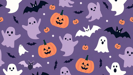 Halloween Pattern with Ghosts, Pumpkins, and Bats on Purple Background
