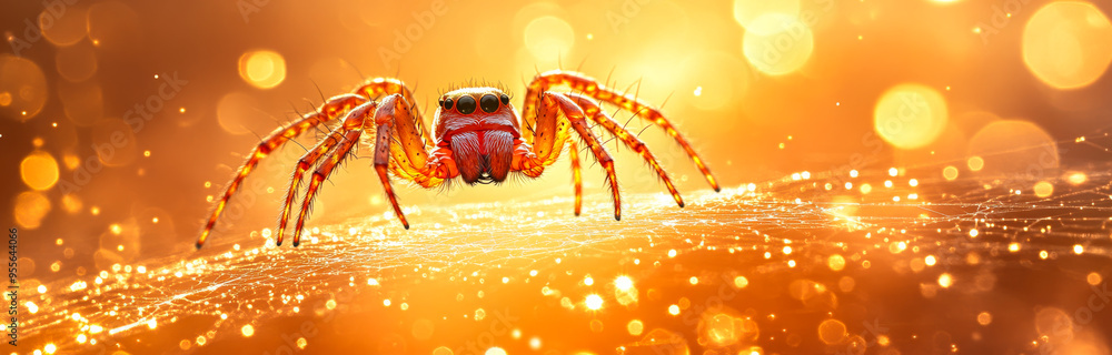 Poster a spider is standing on a yellow surface with a lot of sparkles. the spider is the main focus of the