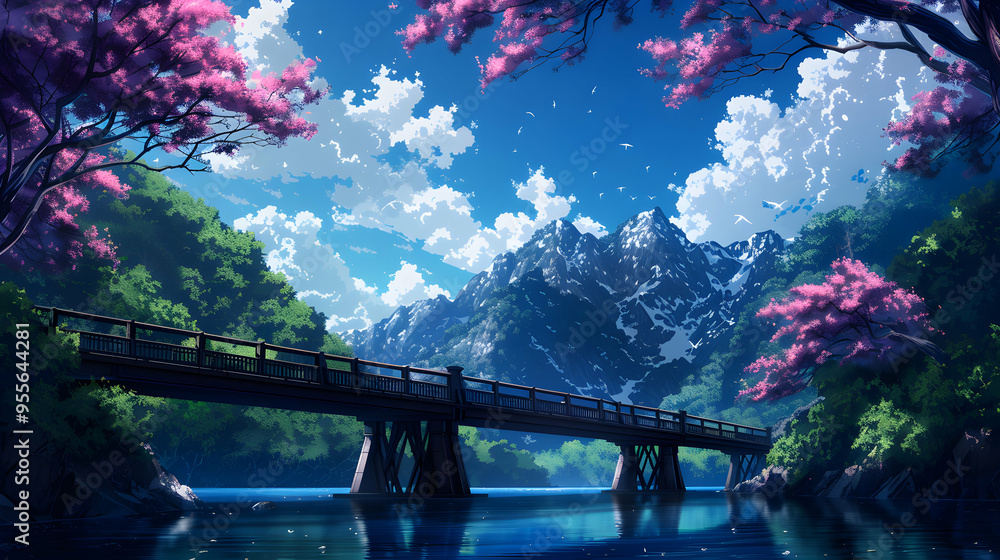 Poster bridges landscape anime style