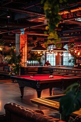 Chic billiards nightclub with cozy seating and vibrant bar atmosphere for a night out