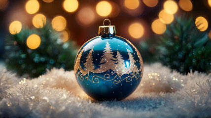 Glittery Christmas Bauble with Teal and Gold Swirls, Nestled in Pine Needles, Reflecting Fairy Lights with Dreamy Bokeh, Capturing Festive Elegance and Holiday Magic