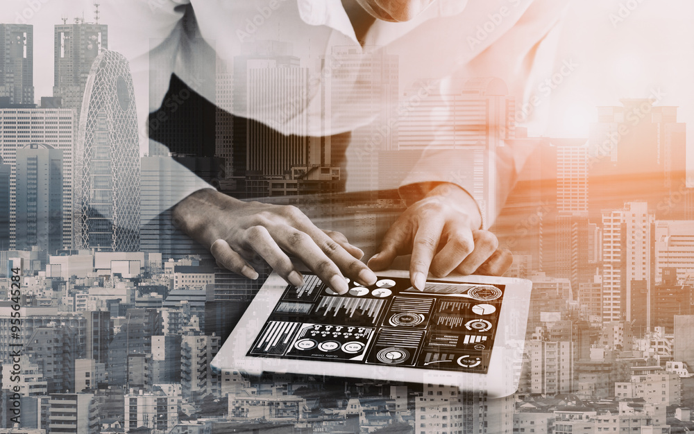 Poster data analysis for business and finance concept. interface showing future computer technology of prof