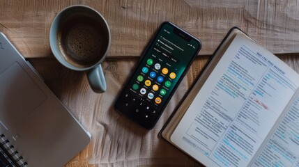 Casual study setup  smartphone with grade calculator app next to coffee and open textbooks