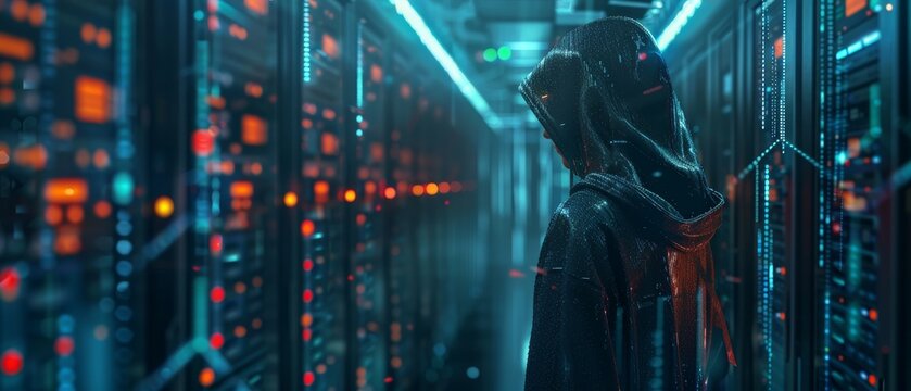 Hooded hacker in a server room, representing the Log4J cybersecurity vulnerability with coding