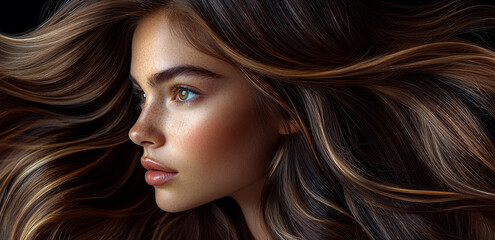 Naklejka premium A woman with long brown hair and a tan face. The hair is styled in a way that it looks like it is made of small strands