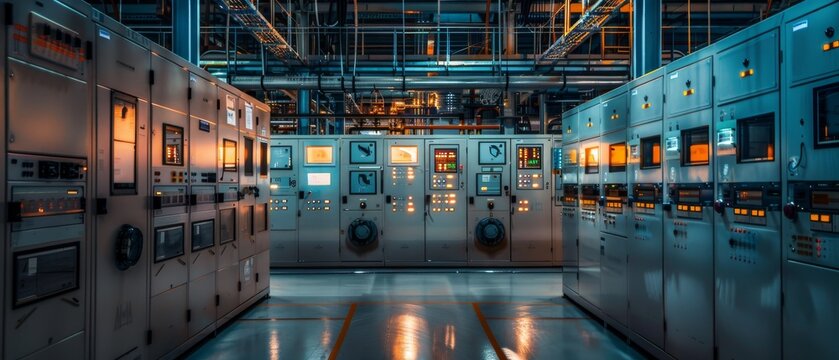 Low voltage switchgear setup a power plant, featuring panels and control equipment for electrical