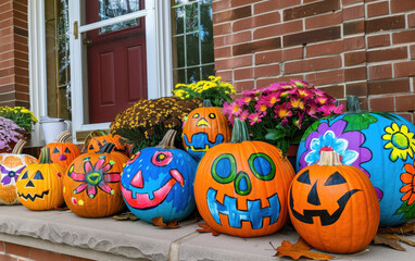 Colorful children\'s painted pumpkins arranged on a front porch with autumn decorations in a festive display