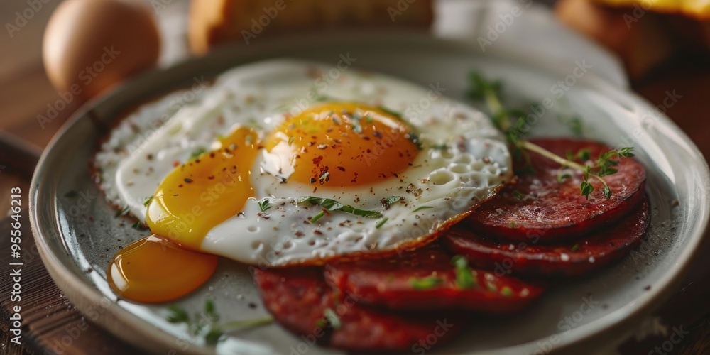 Poster fried egg and sliced sausage on a plate with a shallow depth of field