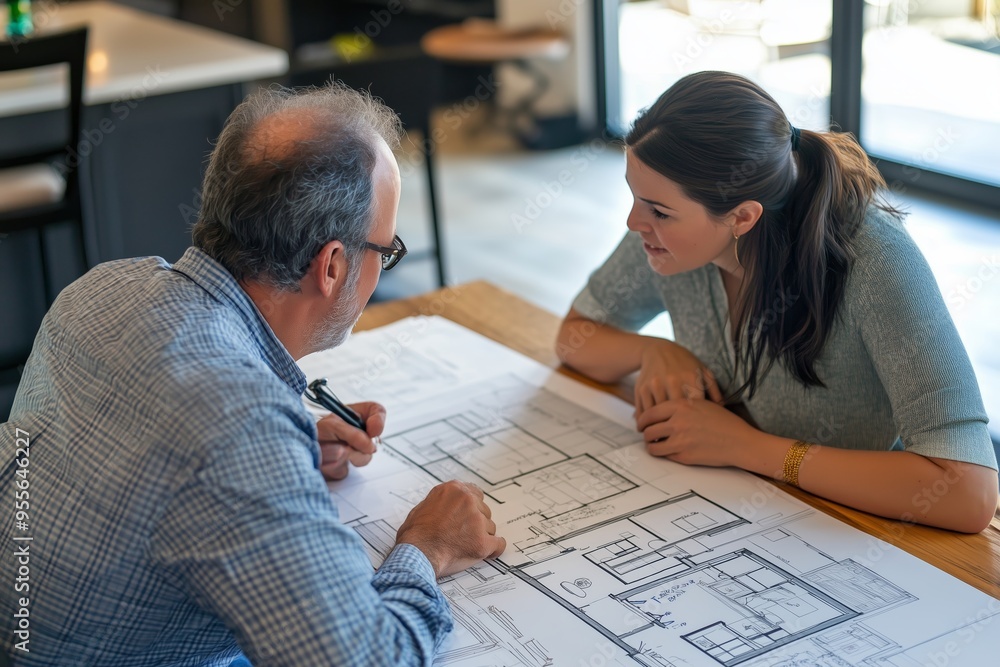 Poster architect and client discussing building plans at a modern workspace during the day