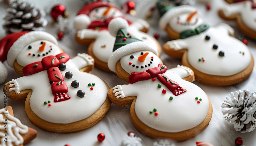 Poster a row of snowmen cookies with red scarves and hats. the snowmen are smiling and are surrounded by pi
