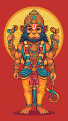 Lord Hanuman, indian cartoon style, vivid colors. Hanuman is a Hindu god whose shape is half-monkey, half-human. Religion theme. Background for cellphone, smartphone.