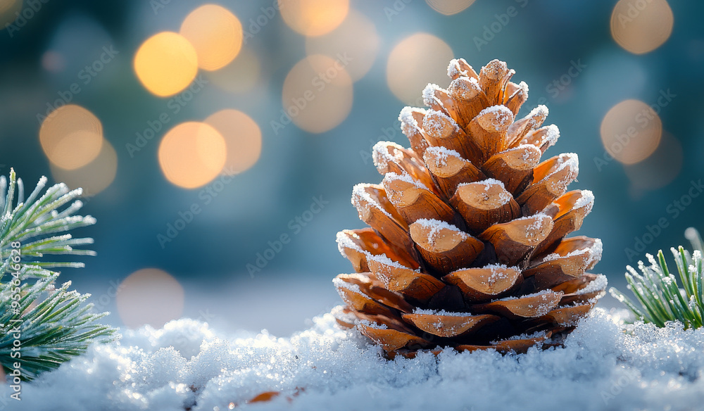 Poster a pine cone covered in snow sits on a snowy ground. the pine cone is surrounded by pine needles and 