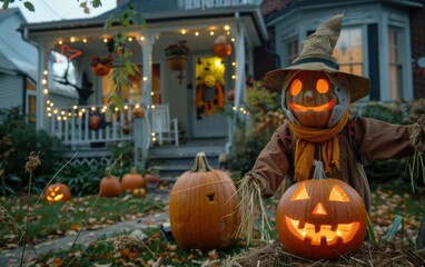 Obraz premium Charming Halloween front yard display featuring eco-friendly decorations with scarecrows, pumpkins, and ghost lanterns