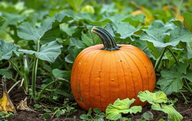 Unique pumpkin nestled in vibrant green foliage of the patch during autumn harvest season