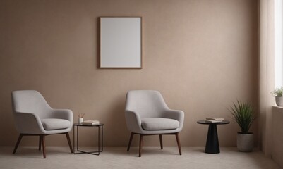 A modern living room with matching furniture theme set and decorative items 3d illustration. An empty wall and art frame mock-up template on the wall.