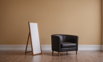 A modern living room with matching furniture theme set and decorative items 3d illustration. An empty wall and art frame mock-up template on the wall.