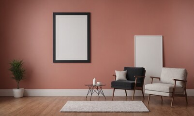 Fototapeta premium A modern living room with matching furniture theme set and decorative items 3d illustration. An empty wall and art frame mock-up template on the wall.