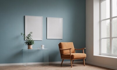 A modern living room with matching furniture theme set and decorative items 3d illustration. An empty wall and art frame mock-up template on the wall.