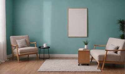 A modern living room with matching furniture theme set and decorative items 3d illustration. An empty wall and art frame mock-up template on the wall.