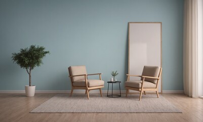 Fototapeta premium A modern living room with matching furniture theme set and decorative items 3d illustration. An empty wall and art frame mock-up template on the wall.