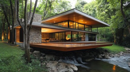Minimalist House With a Terrace Over a Small River in the Middle of a Forest