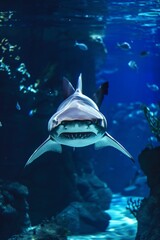 Mysterious shark gliding gracefully through the deep dark blue waters of the vast ocean depths