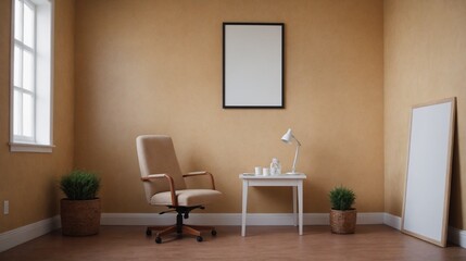 A modern living room with matching furniture theme set and decorative items 3d illustration. An empty wall and art frame mock-up template on the wall.