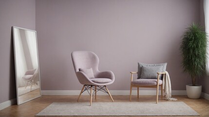 A modern living room with matching furniture theme set and decorative items 3d illustration. An empty wall and art frame mock-up template on the wall.