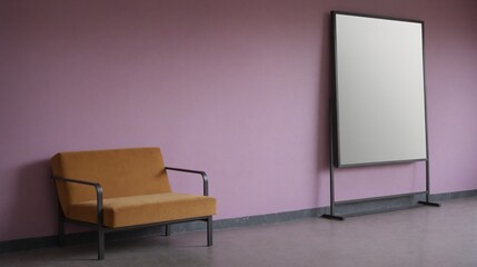 A modern living room with matching furniture theme set and decorative items 3d illustration. An empty wall and art frame mock-up template on the wall.