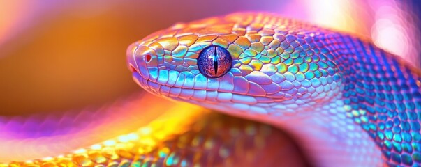 Vivid close-up of a rainbow boa with iridescent scales showcasing vibrant colors in an artistic display of light and texture, highlighting the beauty and detail of this unique reptile