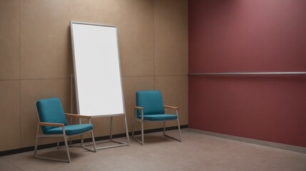 A modern living room with matching furniture theme set and decorative items 3d illustration. An empty wall and art frame mock-up template on the wall.