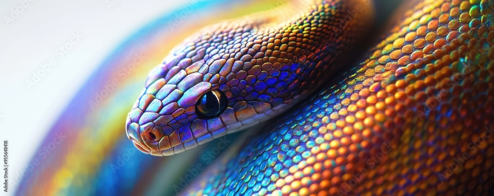 Poster vivid close-up of a rainbow boa displaying iridescent scales in a mesmerizing blend of colors and te