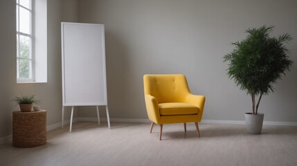 A modern living room with matching furniture theme set and decorative items 3d illustration. An empty wall and art frame mock-up template on the wall.