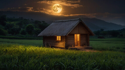 A beautifull wooden hut in the crops in moont night and window warm lights reflaction out side the hut, 