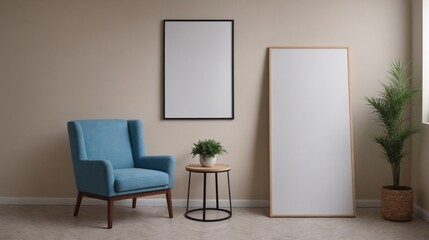 A modern living room with matching furniture theme set and decorative items 3d illustration. An empty wall and art frame mock-up template on the wall.