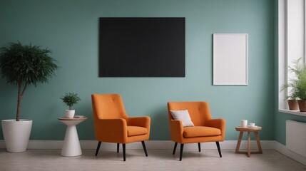 A modern living room with matching furniture theme set and decorative items 3d illustration. An empty wall and art frame mock-up template on the wall.