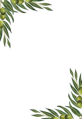 Obraz premium Watercolor frame with green olive branch for border poster postcard greeting card template Olive oil logo design wrapping Italian cafe decoration invitation Floral background Natural Organic