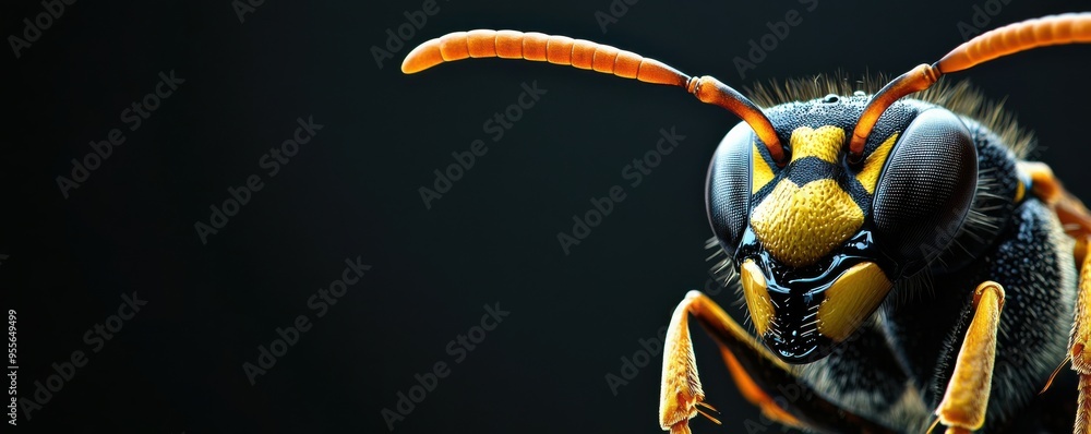 Poster close-up image of a vivid wasp with detailed focus on stinger, showcasing the intricate design and v