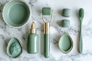 Green skincare products arranged on a marble surface showcasing tools and containers for beauty routines