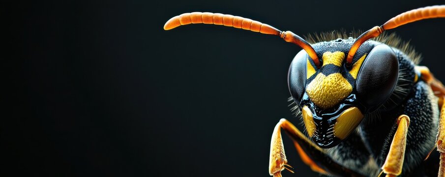 Close-up image of a vivid wasp with detailed focus on stinger, showcasing the intricate design and vibrant colors of this fascinating insect in a striking macro perspective.