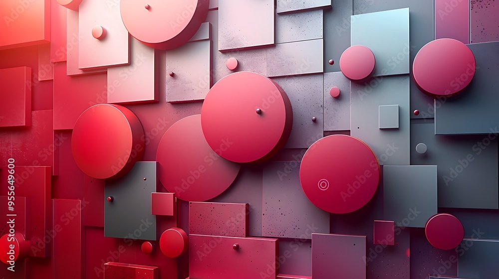 Poster abstract geometric pattern with red and grey circles and squares.