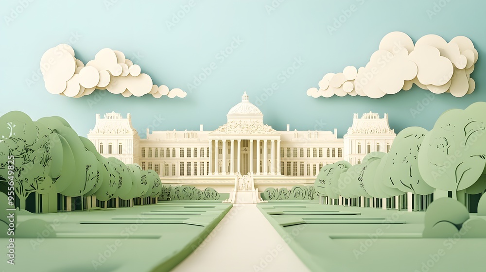 Poster 36. **create a 3d paper cut concept of the palace of versailles with its opulent architecture and ga