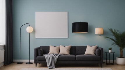 A modern living room with furniture and decorative items 3d illustration. An empty wall art frame mock-up template on the wall.
