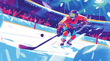 Dynamic Art of a Hockey Player in Action on the Ice Rink with Vibrant Colors. Concept of Sports, Ice Hockey, Athleticism, and Dynamic Movement. Digital cartoon illustration