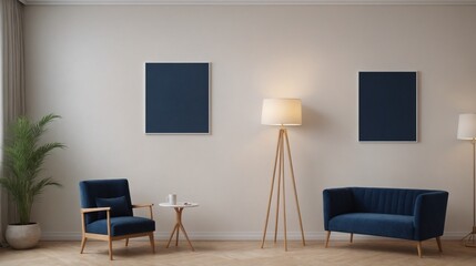 A modern living room with furniture and decorative items 3d illustration. An empty wall art frame mock-up template on the wall.