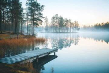 Tranquil morning at a misty lake with a wooden dock surrounded by tall trees and calm water