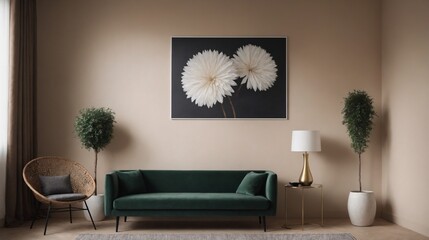 A modern living room with furniture and decorative items 3d illustration. An empty wall art frame mock-up template on the wall.