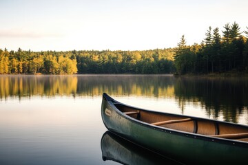 Obraz premium A peaceful canoe rests on the calm lake surrounded by vibrant autumn foliage in early morning light